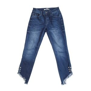 KanCan Womens Jeans Dark Wash Frayed Hem Pearl Embellished Ankle‎ Size 5/26